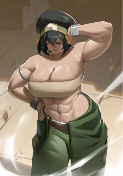 1girl alterxsu arm_up armlet armpits avatar:_the_last_airbender avatar_legends bandeau bare_shoulders blind breasts cleavage female_focus hand_on_own_hip highres huge_breasts jewelry muscular muscular_female short_hair solo sweat toph_beifong