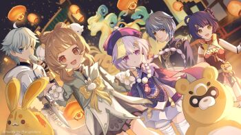 2boys 2girls :d architecture black_hair blue_eyes blue_hair blunt_bangs braid braided_hair_rings brown_eyes brown_hair chinese_clothes chongyun_(genshin_impact) coin_hair_ornament dress east_asian_architecture flower food genshin_impact hair_between_eyes hair_ornament hair_rings hairclip hat highres holding hood jewelry jiangshi lantern long_hair long_sleeves looking_at_viewer multiple_boys multiple_girls necklace night ofuda open_mouth pink_eyes purple_eyes purple_hair qingdai_guanmao qiqi_(genshin_impact) short_hair shorts sidelocks smile thighhighs twin_braids xiangling_(genshin_impact) xingqiu_(genshin_impact) yaoyao_(genshin_impact) yaoyao_(rainlit_bamboo_reverie)_(genshin_impact) yellow_eyes