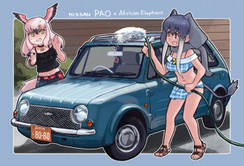 african_elephant_(kemono_friends) animal_ears belt bikini bird_girl bird_tail bird_wings black_hair black_neckwear black_shirt blue_bikini bow bowtie car car_wash casual choker denim elephant_ears elephant_girl elephant_tail extra_ears gradient_hair greater_flamingo_(kemono_friends) grey_hair head_wings highres hose jeans kemono_friends kemono_friends_3 long_hair midriff_peek motor_vehicle multicolored_hair navel nissan off-shoulder_shirt off_shoulder official_alternate_costume orange_eyes pants pink_hair plaid_bikini plaid_clothes red_belt sandals shirt sidelocks sweatdrop swimsuit tail toriny two-tone_hair vehicle_focus washing_vehicle white_hair wings yellow_eyes yellow_neckwear