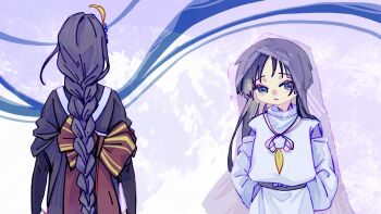 1boy 1girl abstract_background aged_down alternate_costume arms_behind_back back_bow blue_eyes blue_hair bow braid bridal_gauntlets chinese_commentary disappointed eyeliner feather_necklace from_behind genshin_impact gradient_hair hair_ornament head_tilt highres japanese_clothes jewelry kimono long_braid long_hair long_sleeves makeup mother_and_son multicolored_hair necklace open_mouth parted_bangs purple_background purple_kimono purple_veil raiden_shogun red_eyeliner red_sash sad sash scaramouche_(genshin_impact) scaramouche_(kabukimono)_(genshin_impact) see-through_clothes see-through_veil single_braid standing streaked_hair upper_body veil wide_sleeves yeyu670712