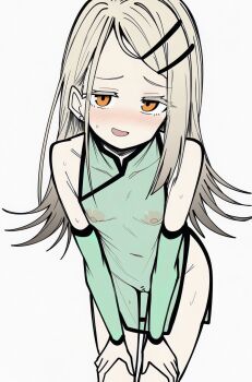 1girl blonde_hair breasts censored chinese_clothes commentary_request covered_erect_nipples dress gakuen_idolmaster green_dress hair_ornament hairclip highres idolmaster long_hair looking_at_viewer makigirisu parallel_hairclips pussy see-through_clothes shinosawa_hiro simple_background small_breasts solo white_background