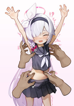 !? 1girl arms_up black_hairband black_sailor_collar black_serafuku black_shirt black_skirt blue_archive blush bow braid closed_eyes crop_top facing_viewer hair_over_one_eye hair_ribbon hairband halo highres kani_fish long_hair midriff navel neckerchief open_mouth pink_hair pink_halo plana_(blue_archive) pleated_skirt ribbon sailor_collar school_uniform serafuku shirt side_braid simple_background single_braid skirt sleeveless solo_focus tickling tickling_armpits very_long_hair white_background white_hair white_neckerchief white_ribbon