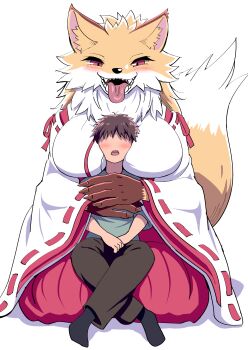 1boy 1girl animal_ears animal_nose between_breasts blush body_fur breasts commentary fox_ears fox_girl furry furry_female hakama hakama_skirt highres hug hug_from_behind japanese_clothes kimono large_breasts long_hair mamiyama miko multicolored_fur open_mouth orange_fur original red_hakama shrine skirt slit_pupils smile snout tongue tongue_out translated two-tone_fur white_fur white_kimono wide_sleeves