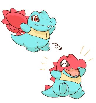 Rule 34 | absurdres, blue skin, colored skin, cosplay, crocodilian, fangs, feraligatr, gen 2 pokemon, highres, mega feraligatr, mega feraligatr (cosplay), mimix, nintendo, no humans, open mouth, pokemon, pokemon (creature), pokemon focus, red eyes, sharp teeth, simple background, smile, tail, teeth, totodile