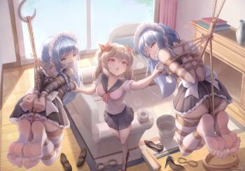 3girls :o agent_ss apron arms_behind_back ass ball_gag bare_shoulders bdsm between_breasts between_legs between_thighs black_panties black_skirt blonde_hair blue_eyes blue_hair blush bondage book book_stack bound bound_ankles bound_arms bound_breasts bound_legs bound_thighs bound_torso bound_wrists bow bowtie braid braided_bangs braided_ponytail braided_sidelock braiding_hair breast_bondage breasts bucket carpet chair clenched_hand clenched_hands cloth_gag clothes_lift collarbone couch crotch_rope crying crying_with_eyes_open cuffs door dress dress_lift duct_tape female_focus frilled_apron frilled_dress frilled_skirt frilled_sleeves frills full_body gag gagged garter_straps grabbing_another's_breast groping groping_breast hair_between_eyes hair_ornament hairdressing handcuffs high_heels highres hook improvised_gag indoors kidnapped kidnapping kinbaku lace lace-trimmed_panties lace_trim large_breasts layered_dress layered_skirt legs light_blush living_room long_hair long_legs long_sleeves looking_afar looking_at_viewer looking_back looking_to_the_side maid maid_apron maid_headdress medium_breasts miniskirt mother_and_daughter multiple_girls one_eye_closed open_mouth original panties pantyshot pink_eyes pink_panties restrained reverse_prayer rope sailor_collar sailor_shirt see-through_clothes see-through_legwear shadow shelf shibari shibari_over_clothes shirt shoes short_sleeves sidelocks skin_tight skindentation skirt skirt_lift sleeveless sliding_doors soles sunlight suspended_congress suspension tape tape_gag tearing_clothes tearing_up tears teeth thigh_strap thighhighs thighs tongue torn_clothes twintails underwear unworn_shoes upskirt vase very_long_hair white_thighhighs wooden_floor wrist_cuffs