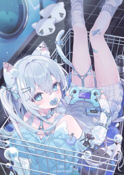 1girl absurdres animal_ear_fluff animal_ear_piercing animal_ears bandaid bandaid_on_knee bandaid_on_leg bare_shoulders blue_bow blue_eyes bow cat_ears cat_girl cat_tail collar commission controller ear_piercing feet_out_of_frame game_controller hair_between_eyes hair_ornament hairclip heart heart-shaped_pillow highres holding holding_controller konpe_itou long_hair long_sleeves looking_at_viewer looking_back o-ring original pacifier piercing pillow shopping_cart skeb_commission socks stuffed_toy sweater tail tail_bow tail_ornament thigh_strap twintails white_hair white_socks