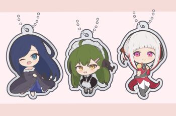 3girls ;d ahoge alternate_costume alternate_universe arched_bangs bare_shoulders black_boots black_dress black_shirt blue_eyes blue_hair boots charm_(medium) chibi chibi_only cho_toutoi_love collared_dress commentary_request dress embarrassed epaulettes green_hair highres jacket link!_like!_love_live! long_hair long_sleeves looking_at_viewer love_live! maid maid_headdress master_and_servant mole mole_under_eye multicolored_hair multiple_girls murano_tsukasa off-shoulder_dress off_shoulder offering_hand official_alternate_costume ogami_sachi one_eye_closed open_mouth pants peanut_mouth pink_eyes prince princess red_hair red_jacket red_streaks shirt short_side_ponytail side_ponytail sidelocks skirt_hold smile streaked_hair tokusa_(sachi_biglove) very_long_hair virtual_youtuber white_hair white_pants yellow_eyes yugiri_tsuzuri