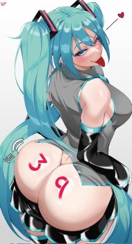 1girl ass ass_shake ass_support bare_shoulders black_thighhighs blush body_writing bouncing_ass breasts butt_crack clarkekitsp clothes_pull curvy detached_sleeves from_behind green_eyes green_hair hatsune_miku heart highres huge_ass large_breasts long_hair motion_lines narrow_waist naughty_face no_panties one_eye_closed seductive_smile sideboob simple_background skirt skirt_pull sleeveless smile solo thighhighs tongue tongue_out twintails very_long_hair vocaloid white_background wide_hips wide_sleeves wink writing_on_ass