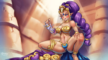 2girls afterimage angry anklet arm_up armlet artist_name ass bare_shoulders barefoot bikini blue_bikini blue_eyes blue_gem blurry blurry_background blush bracelet braid breasts carrying carrying_person clenched_hands colored_skin cosplay dancer_shantae earrings fangs female_focus flying_sweatdrops gem gold grey_skin hair_ornament hand_on_own_knee hand_up hanshyn happy heart_bikini indoors jewelry kicking kneepits large_breasts legs light_rays loincloth long_hair looking_at_another looking_up medium_breasts mini_person minigirl multicolored_bikini multiple_girls navel neck_ring nipples nude open_mouth pointy_ears purple_hair red_eyes risky_boots ruins shantae shantae_(cosplay) shantae_(series) shantae_and_the_pirate's_curse signature single_braid smile snake_hair_ornament spread_legs squatting stomach swimsuit teeth thighlet thighs tiptoes two-tone_bikini unworn_bikini unworn_loincloth watermark web_address yellow_bikini