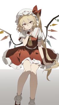 1girl absurdres ascot blonde_hair bow closed_mouth collared_shirt commentary crystal crystal_wings flandre_scarlet frilled_shirt_collar frills hand_on_own_cheek hand_on_own_face hat hat_bow highres looking_at_viewer mob_cap multicolored_wings one_side_up puffy_short_sleeves puffy_sleeves red_bow red_eyes red_skirt red_vest shirt short_sleeves simple_background sitting skirt skirt_set sleeve_bow socks solo touhou vest white_background white_hat white_socks wings wuliwuli909 yellow_ascot