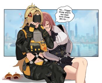 2girls absurdres blindfold_mask blonde_hair border breasts buttons covered_eyes crossed_legs drooling eye_mask fingerless_gloves food game_screenshot_background glasses gloves glowing glowing_mask hair_ornament hand_rest hands_up head_on_another&#039;s_shoulder highres implied_yuri invisible_chair jacket large_breasts leaning_on_person light_blush long_hair long_sleeves mask miniskirt multiple_girls musical_note navel own_hands_together pants pencil_skirt pink_hair screenshot_background semi-rimless_eyewear shirt side-by-side sitting skirt sleep_talking sleeping sleeping_on_person stomach trigger_(zenless_zone_zero) tsukishiro_yanagi under-rim_eyewear underbust utility_vest vest white_shirt zanqi zenless_zone_zero