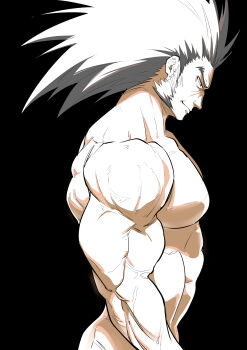1boy bara black_background facial_hair kariki_hajime male_focus muscular muscular_male nude pectorals profile solo spiked_hair uvogin veins
