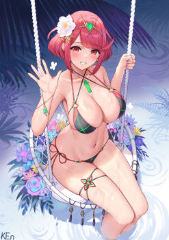 1girl absurdres bare_shoulders bikini black_bikini breasts cleavage collarbone commentary_request core_crystal_(xenoblade) flower grin hair_flower hair_ornament halterneck hand_up headgear highres ken-san large_breasts looking_at_viewer multi-strapped_bikini_top navel nintendo pyra_(xenoblade) red_eyes red_hair short_hair side-tie_bikini_bottom sitting skindentation smile soaking_feet solo stomach string_bikini swept_bangs swimsuit swing thigh_strap thighs water wet white_flower xenoblade_chronicles_(series) xenoblade_chronicles_2