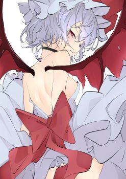 1girl absurdres back back_bow back_focus backless_dress backless_outfit bare_back bat_wings blue_hair bow breasts dress fang from_behind hair_between_eyes hat highres looking_at_viewer looking_back medium_breasts mob_cap nipples pink_dress pink_hat red_bow red_eyes remilia_scarlet short_hair simple_background skin_fang solo touhou unanooo_(fthx7532) white_background wings