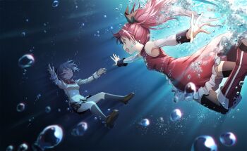 2girls air_bubble artist_request asphyxiation bare_shoulders black_bow black_skirt black_socks black_thighhighs black_wrist_cuffs blue_hair boots bow bowtie brown_shoes bubble chest_jewel cleavage_cutout closed_eyes clothing_cutout collared_dress detached_sleeves determined dress drowning expressionless fang feet_out_of_frame floating_clothes floating_hair frilled_dress frills full_body game_cg gem hair_bow high_collar highres knee_boots kneehighs lace lace-trimmed_shirt lace-trimmed_sleeves lace_trim light_blush light_particles light_rays long_hair long_sleeves looking_at_another magical_girl mahou_shoujo_madoka_magica mahou_shoujo_madoka_magica_magia_exedra medium_dress miki_sayaka miniskirt mitakihara_school_uniform multiple_girls official_art open_mouth outstretched_arms parted_lips plaid_clothes plaid_skirt pleated_skirt pocket pointy_nose reaching red_boots red_bow red_bowtie red_dress red_eyes red_gemstone red_hair sakura_kyoko sakura_kyoko_(magical_girl) school_uniform shirt shoes skirt sleeveless sleeveless_dress socks thighhighs tsurime underwater uwabaki v-shaped_eyebrows very_long_hair white_sleeves wrist_cuffs yellow_shirt