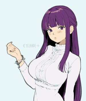 1girl absurdres artist_name blunt_bangs blush breasts commentary dress fern_(sousou_no_frieren) frilled_dress frills hand_up highres large_breasts long_hair looking_at_viewer mixed-language_commentary purple_eyes purple_hair simple_background solo sousou_no_frieren upper_body yiiande