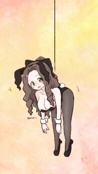 1girl animal_ear_hairband animal_ears black_bow black_hairband black_leotard black_pantyhose black_shoes blush_stickers bow breasts brown_hair cleavage commentary_request dangling fake_animal_ears fake_tail full_body green_eyes hair_bow hairband high_heels highres large_breasts leotard long_hair looking_at_viewer olto_rondo open_mouth original pantyhose playboy_bunny rabbit_ear_hairband rabbit_ears rabbit_tail shoes solo strapless strapless_leotard tail white_wrist_cuffs wrist_cuffs yellow_background