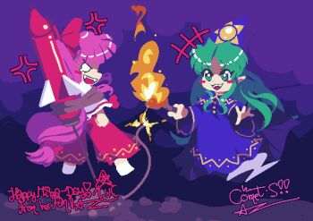 2girls anger_vein blue_capelet bound bow capelet comet_summoner98 dress english_text fuse_tail ghost_tail green_eyes green_hair hair_bow hair_tubes hakama hakama_pants hakurei_reimu hakurei_reimu_(pc-98) hat highres japanese_clothes kimono long_hair long_sleeves miko mima_(touhou) multiple_girls open_mouth pants purple_hair red_hakama ribbon-trimmed_clothes ribbon-trimmed_sleeves ribbon_trim rocket smile sun_print sun_symbol tied_up_(nonsexual) torch touhou touhou_(pc-98) wide_sleeves wizard_hat
