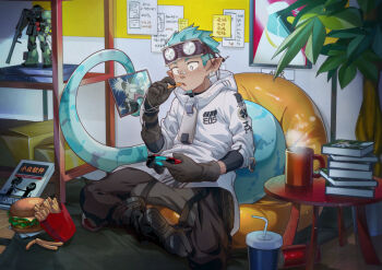 2boys ancpaghetti angry arknights bad_id bad_pixiv_id bandaid bandaid_on_face bandaid_on_nose bean_bag_chair black_hair black_jacket black_pants blue_hair book book_stack burger chameleon_boy chameleon_tail controller cup disposable_cup earrings emperor_(arknights) ethan_(arknights) facial_hair fang food french_fries furry furry_male game_console goatee goggles goggles_on_head grey_fur gundam holding holding_controller holding_food holding_tablet_pc holding_with_tail hyena_boy hyena_ears indian_style jacket jewelry joy-con looking_at_another looking_down male_focus multiple_boys open_mouth paid_reward_available pants playstation_4 pointy_ears pointy_hair prehensile_tail red_mug screaming sitting spot_(arknights) tablet_pc tail white_jacket zaku_ii