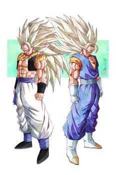 Rule 34 | 2boys, absurdres, alternate form, beatlo (rodrigo38658978), blonde hair, boots, cropped vest, dougi, dragon ball, dragonball z, earrings, full body, gloves, green eyes, highres, instagram username, jewelry, long hair, looking at viewer, male focus, metamoran vest, multiple boys, muscular, muscular male, no eyebrows, pants, potara earrings, sash, spiked hair, super saiyan, super saiyan 3, vest, white gloves, white pants, wristband