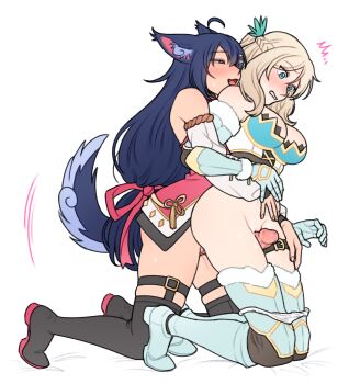 1futa 1girl ahoge animal_ears arm_sleeve armored_boots artist_request between_thighs black_hair blonde_hair blush boots commission commissioner_upload embarrassed fox_ears fox_girl fox_tail futa_with_female futanari gauntlets hair_ornament highres hug hug_from_behind juniper_(sakura_fox_adventure) mikoto_(sakura_fox_adventure) non-web_source panties panty_pull sakura_fox_adventure surprised tail underwear
