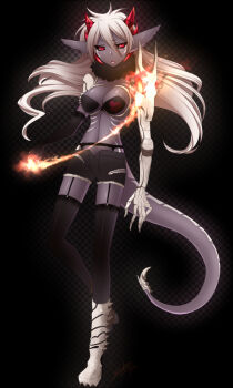 1girl black_sclera black_thighhighs bone boots breasts colored_sclera colored_skin demon_girl female_focus fire garter_belt gloves grey_skin horns konshin long_hair medium_breasts original pointy_ears pyrokinesis red_eyes short_shorts shorts single_glove skeletal_arm slit_pupils solo standing tail thighhighs white_hair