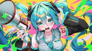 1girl aqua_eyes aqua_hair aqua_trim arm_tattoo blush breasts collared_shirt detached_sleeves grey_shirt hair_between_eyes hair_ornament hatsune_miku headset highres holding holding_megaphone long_hair long_sleeves looking_at_viewer medium_breasts megaphone miku_day newda_al number_tattoo open_mouth shirt sleeveless sleeveless_shirt solo tattoo twintails upper_body very_long_hair vocaloid wide_sleeves