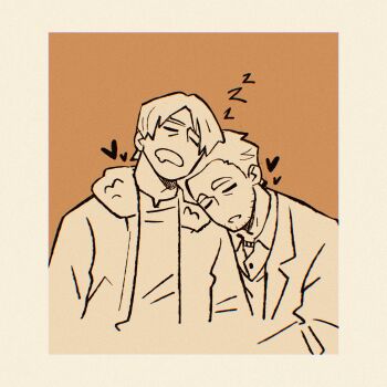 2boys border closed_eyes collared_shirt couple cropped_arms dead_by_daylight drooling facial_hair felix_richter fur_trim head_on_another&#039;s_shoulder heart highres hugsandstabbies jacket leaning_on_person leon_s._kennedy male_focus multiple_boys open_clothes open_jacket open_mouth orange_background parted_bangs resident_evil resident_evil_4 saliva shirt sleeping suit_jacket thick_eyebrows white_border yaoi zzz