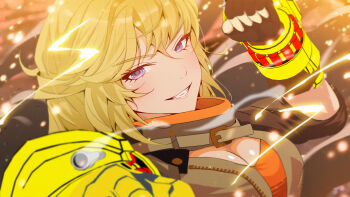 1girl blonde_hair breasts cleavage_cutout close-up clothing_cutout commentary english_commentary fingerless_gloves gloves hair_between_eyes highres large_breasts long_hair looking_at_viewer outdoors prosthesis prosthetic_arm purple_eyes rwby sculp2 single_fingerless_glove smirk smoke solo three-quarter_sleeves yang_xiao_long