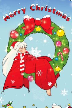 Rule 34 | 1boy, barefoot, blue background, christmas, closed eyes, full body, hakama, hat, highres, inuyasha, inuyasha (character), japanese clothes, long hair, male focus, merry christmas, moonlichi, red hakama, red shirt, santa hat, scarf, shirt, sidelocks, sleeves past fingers, sleeves past wrists, snowflakes, solo, striped clothes, striped scarf, white hair, wide sleeves