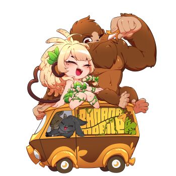 1girl absurdres animal_ears banana bananajuju bikini blonde_hair brown_car brown_fur brown_tail car closed_eyes dreadlocks food fruit gorilla highres indie_virtual_youtuber leaf_bikini leg_tattoo long_hair monkey_ears monkey_girl motor_vehicle on_van open_mouth orange_car paimo plant_clothing rabbit simple_background sitting solo swimsuit tattoo two-tone_car van virtual_youtuber white_background