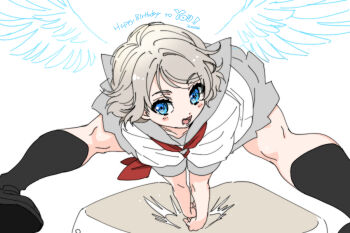 aqours_2nd_years birthday black_shoes black_socks blue_eyes blush commentary_request dot_nose english_text grey_hair grey_sailor_collar grey_skirt happy_birthday head_tilt jumping looking_at_viewer love_live! love_live!_sunshine!! messy_hair neckerchief necktie open_mouth red_neckerchief red_necktie sailor_collar school_uniform serafuku shinanoya_(satanicad) shoes short_hair skirt smile socks split spread_legs summer_uniform thighs uranohoshi_school_uniform watanabe_you wavy_hair white_background wings