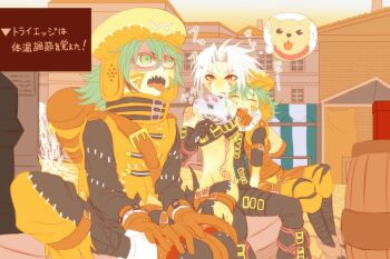 .hack// .hack//g.u. .hack//games 3boys animal_collar aqua_hair arm_belt azure_kite belt belt_collar black_belt brown_belt brown_gloves chest_belt chest_tattoo closed_eyes collar commentary_request dog eku1547 eyeliner facial_mark facial_tattoo fountain gloves green_eyes hand_fan haseo_(.hack//) hat holding holding_fan holding_kite hot kite leg_belt makeup male_focus multiple_belts multiple_boys open_mouth orange_hat partially_shaded_face patchwork_clothes red_eyeliner red_eyes sharp_teeth sitting sound_effects speech_bubble stitched_pants stitched_sleeves stomach_tattoo tattoo teeth thought_bubble tongue tongue_out translation_request triangle triangle_facial_mark white_hair