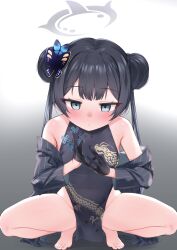 Rule 34 | 1girl, bare shoulders, barefoot, black gloves, black hair, blue archive, blue eyes, blush, china dress, chinese clothes, coat, double bun, dragon print, dress, gloves, gmkj, gradient background, groin, hair bun, hair ornament, halo, highres, kisaki (blue archive), long hair, off shoulder, solo, spread legs, squatting, tiptoes, twintails, variant set