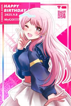 1girl absurdres asahi_rise bang_dream! bang_dream!_it&#039;s_mygo!!!!! blue_jacket blush character_name chihaya_anon commentary cropped_jacket dated earrings grey_eyes happy_birthday highres jacket jewelry long_hair midriff open_mouth outline pink_hair qr_code skirt solo teeth upper_teeth_only w white_outline white_skirt