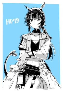 1girl arknights ch&#039;en_(arknights) ch&#039;en_the_holungday_(arknights) ch&#039;en_the_holungday_(holiday)_(arknights) chiriejjiyo closed_mouth commentary_request cowboy_shot dragon_girl dragon_horns dragon_tail expressionless gloves highres horns limited_palette long_hair long_sleeves looking_at_viewer official_alternate_costume open_clothes shorts sidelocks sketch solo tail