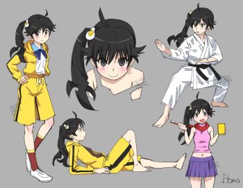 1girl :d ahoge araragi_karen black_eyes black_hair breasts egg_hair_ornament food-themed_hair_ornament full_body hair_ornament hood itoma_mahimahi jacket long_hair looking_at_viewer midriff monogatari_(series) navel open_mouth pleated_skirt side_ponytail simple_background skirt smile track_jacket