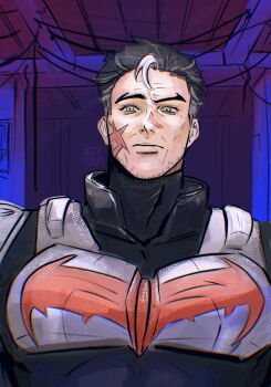 1boy bat_signal batman_(series) batman_symbol black_bodysuit black_hair blue_eyes bodysuit dc_comics grey_bodysuit highres jason_todd jollychoki male_focus multicolored_bodysuit multicolored_hair muscular muscular_male red_hood_(dc) scar scar_on_face short_hair superhero_costume taut_bodysuit two-tone_bodysuit two-tone_hair