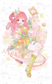 Rule 34 | 1girl, ^ ^, animal, aqua belt, aqua choker, aqua gloves, arm ribbon, belt, belt buckle, blue ribbon, boots, bow, bow choker, bowtie, brown eyes, buckle, cake, cake slice, cat, chest belt, choker, cloak, closed eyes, closed mouth, clothed animal, commentary request, commission, dress, ear covers, eyelashes, feather hair ornament, feathers, fingerless gloves, food, frilled dress, frilled gloves, frills, full body, gloves, hair ornament, hair ribbon, happy, headset, highres, holding, holding star, hood, hood up, hooded cloak, idol, infinity nikki, knee boots, lace-up boots, light blush, long hair, looking at viewer, microphone, mizemengs, momo (nikki), nikki (nikki), nikki (series), one side up, open mouth, pink hair, plaid clothes, plaid dress, red bow, red bowtie, ribbon, sample watermark, shoe belt, short dress, shorts, shorts under dress, smile, sparkle, star (symbol), starry nocturne (infinity nikki), tareme, thigh strap, too many watermarks, traditional bowtie, unmoving pattern, v, watermark, watermark grid, wavy hair, white background, white cat, yellow belt, yellow boots, yellow bow, yellow bowtie, yellow cloak, yellow dress, yellow ribbon, yellow shorts