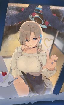 1girl absurdres asuna_(blue_archive) bare_shoulders blonde_hair blue_archive blue_eyes blue_halo blue_skirt breasts cake cake_slice choker collarbone food fork hair_over_one_eye hair_ribbon halo highres large_breasts long_hair looking_at_viewer off-shoulder_sweater off_shoulder ojisan_kamo_shiremasen plate ribbon sitting skirt smile solo sweater thighs very_long_hair white_sweater