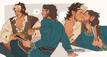 Rule 34 | 2boys, absurdres, baldur's gate, baldur's gate 3, bara, beard stubble, book, character request, chest hair, couple, dungeons & dragons, facial hair, feet out of frame, from side, highres, holding, holding book, kiss, large pectorals, male focus, mature male, multicolored hair, multiple boys, multiple views, mustache stubble, oc x canon, pectoral cleavage, pectorals, pointy ears, ratohnhakekenwa, seductive smile, smile, streaked hair, stubble, tav (baldur's gate), thick eyebrows, yaoi