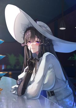 1girl absurdres bead_necklace beads belt black_hair blush breasts chain claws colored_inner_hair commentary_request demon_horns dress elbow_gloves finger_to_mouth flower gloves gold_trim hat highres honkai:_star_rail honkai_(series) horns jewelry large_breasts long_hair memeiradesuyo mole mole_under_eye multicolored_hair necklace purple_eyes reflection seductive_smile shushing sitting smile sun_hat the_dahlia_(honkai:_star_rail) white_dress