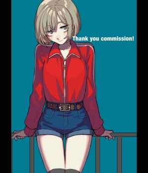 1girl belt blue_background blue_shorts brown_belt brown_eyes brown_hair closed_mouth collared_jacket commentary_request commission denim denim_shorts eyelashes highres jacket long_sleeves original pillarboxed railing red_jacket short_hair shorts simple_background skeb_commission solo yoshioka_suke zipper