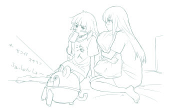2girls barefoot blush commentary_request drinking drunk highres hiyajou_maho hugging_object kneeling long_hair loungewear makise_kurisu menomorute monochrome multiple_girls pillow pillow_hug science_adventure shirt short_sleeves steins;gate steins;gate_0 t-shirt upa_(steins;gate)