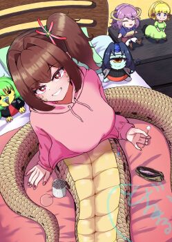 1girl bed bird black_hair blonde_hair blunt_bangs blush breasts brown_hair centaur commentary_request cyclops desk drawstring dress green_dress green_hair hair_between_eyes hair_intakes highres holding hood hood_down hoodie indoors lamia lap_pillow_invitation large_breasts leather_bag long_sidelocks long_sleeves looking_at_viewer medium_hair mimikaki monster_girl nail_polish one-eyed original pink_eyes pink_hoodie pointy_ears purple_hair scales side_ponytail sidelocks signature sitting smile solo stuffed_toy taur teeth togenomaru watermark