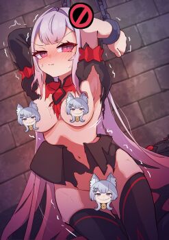 1girl absurdres arms_behind_head arms_up breasts c_civciv censored chain commentary_request cowboy_shot dress duel_monster highres maliss_&lt;p&gt;_chessy_cat maliss_&lt;q&gt;_red_ransom medium_breasts motion_lines purple_eyes purple_hair restrained solo torn_clothes torn_dress trembling yu-gi-oh! yu-gi-oh!_master_duel