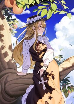 1girl blonde_hair breasts brown_hat brown_skirt brown_vest cloud cloudy_sky commentary_request cross day dolls_in_pseudo_paradise fedora food frilled_hat frilled_shirt_collar frilled_skirt frills fruit guumin hat highres in_tree jacket_girl_(dipp) long_hair long_sleeves neck_ribbon outdoors parted_lips peach peach_tree red_eyes red_ribbon ribbon shirt sitting sitting_in_tree sitting_on_branch skirt sky small_breasts solo touhou tree very_long_hair vest white_shirt