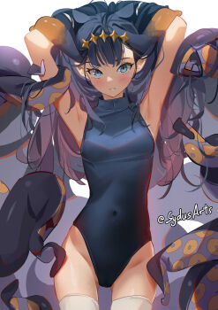 1girl alternate_costume armpits arms_behind_head artist_name black_hair blue_eyes blue_leotard blush breasts commentary covered_navel english_commentary gluteal_fold gradient_hair highres hololive hololive_english leotard long_hair looking_at_viewer multicolored_hair ninomae_ina'nis parted_lips pointy_ears purple_hair simple_background sleeveless small_breasts solo sydus tentacles thigh_gap thighhighs thighs virtual_youtuber white_background white_thighhighs