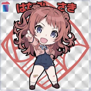 Rule 34 | 1girl, :d, bandaid, bandaid on knee, bandaid on leg, blue eyes, blue ribbon, brown shoes, checkered background, chibi, covered navel, cropped jacket, cup, curly hair, dot nose, double bun, full body, gakuen idolmaster, grey background, hair bun, hair over shoulder, hanami saki, hand on own hip, idolmaster, inset border, legs apart, light blush, loafers, long sleeves, neck ribbon, open mouth, penny loafers, pointing, pointing at viewer, red hair, ribbon, school swimsuit, shoes, smile, socks, solo, standing, swimsuit, two side up, watanabe akio, white socks