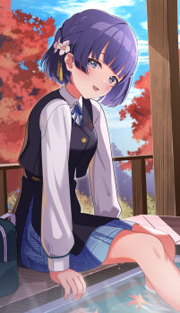 Rule 34 | 1girl, :d, absurdres, ashiyu, autumn, bag, black vest, blue skirt, blue sky, blunt bangs, cloud, collared shirt, commentary request, day, flower, foot bath, gakuen idolmaster, hair flower, hair ornament, hataya misuzu, highres, idolmaster, leaf, long sleeves, looking at viewer, maple leaf, maple tree, open mouth, purple eyes, purple hair, rindou ringdong, school bag, school uniform, shirt, short hair, sitting, skirt, sky, smile, solo, tree, vest, white shirt